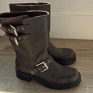 Zara Brown Leather Buckle Boots